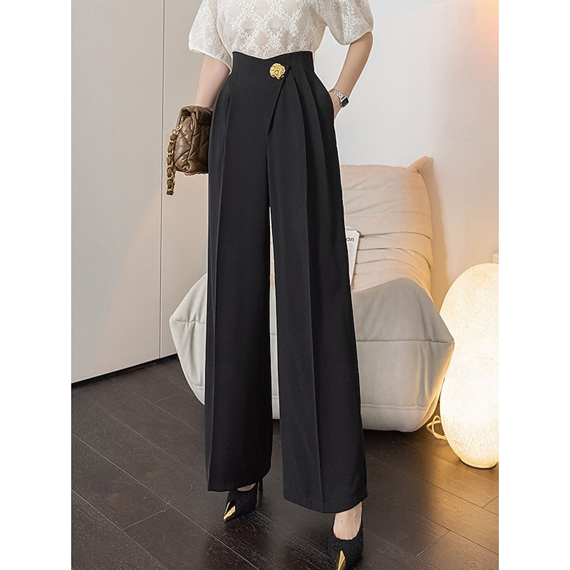 Women's Wide Leg Dress Pants Fashion Full Length Natural Plain Side Pockets Wide Leg Comfy Breathability Office / Career Business Black White Spring Fall Regular Fit