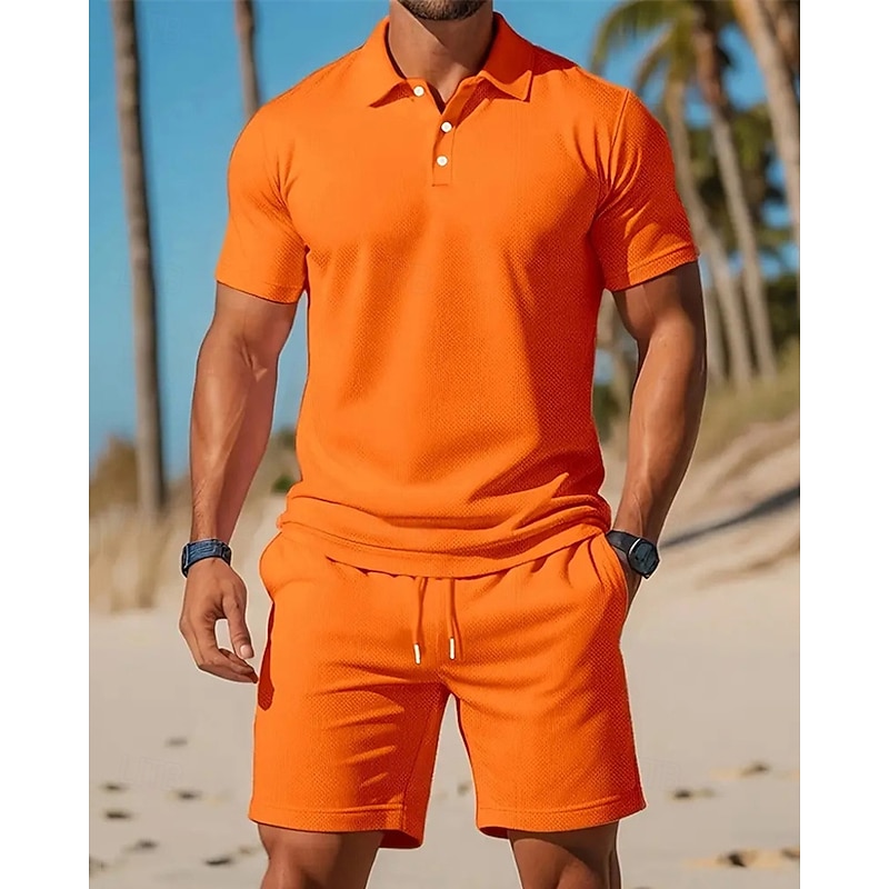 Men's Golf Shirt Golf Polos Shirts Work Casual Lapel Short Sleeve Basic Modern Plain 2 Piece Buttons Summer Spring Regular Fit Black Red Orange Light Blue Gray Golf Shirt