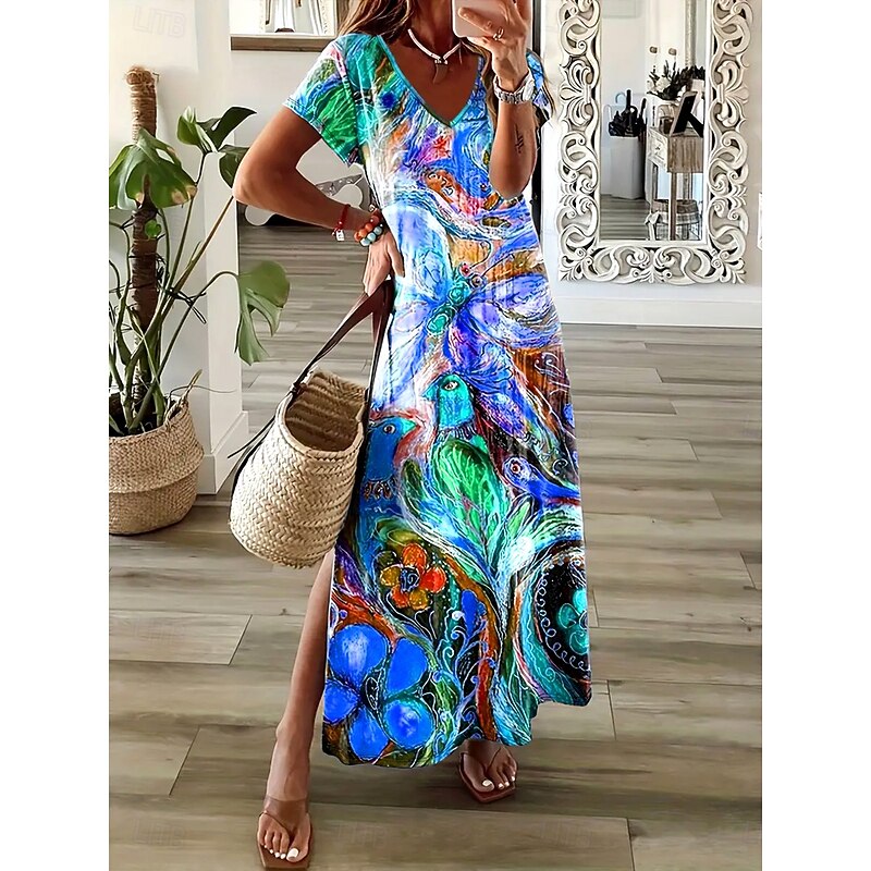 Women's Maxi Dress Casual Dress Sundress A Line Dress Elegant Vacation Casual Beach Regular Fit Floral Graphic Abstract Short Sleeve V Neck Colourful Blue Purple Summer Spring4