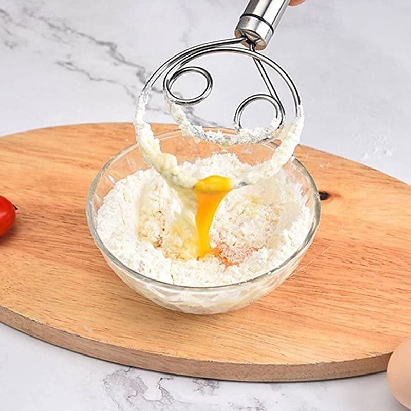 Stainless Steel Magic Dough Whisk Double Loop Mixer, Handheld Flour Dough Mixing Tool, Manual Egg Beater and Bread Batter Stirrer for Baking, Kitchen Utensil for Pastry and Pizza Dough3