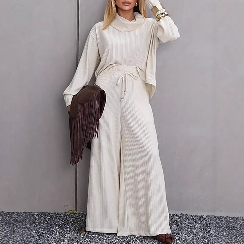 Women's Elegant Vintage Fashion Pants Sets Bolero Top Long Sleeve Turtleneck Solid Color Casual Daily Date Rose Gold White Champagne Fall Loose Fit2