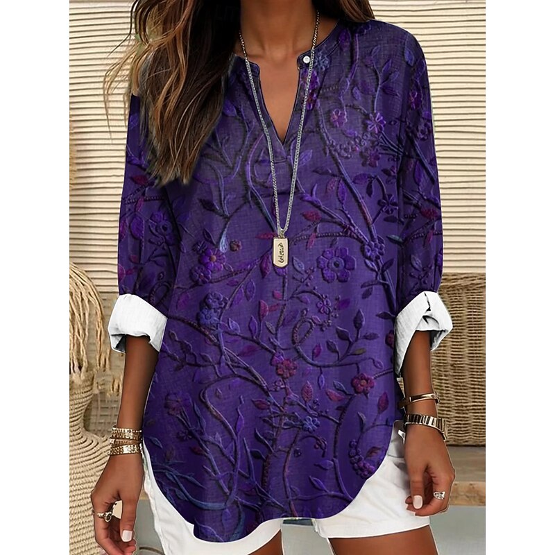 Women's Blouse Tunic V Neck Long Sleeve Boho Casual Tops Floral Graphic Elegant Stylish Regular Tops Daily Print Red Blue Purple Green Gray Fall