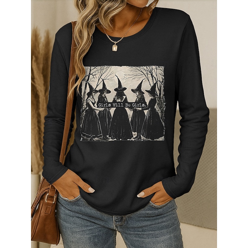 Halloween Women's T shirt Witch Long Sleeve Crew Neck Long Sleeve Tunic Graphic Letter Vintage Stylish Classic Round Neck Tops Daily Weekend Print Black Red Blue Purple Green Spring Fall Prefall4