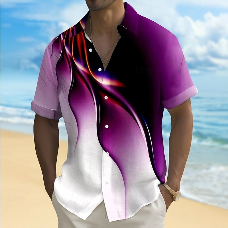 Men's Geometric Gradient Waves Shirt Summer Shirt Button Up Shirt Short Sleeve Fashion Casual Outdoor Vacation Dailywear Summer Spring Turndown 3D Print Collared Shirts Purple