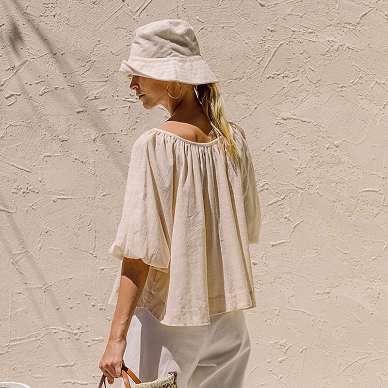 Women's 100% Cotton Shirt Blouse Plain Elegant Vintage Daily Half Sleeve Lantern Sleeve Crew Neck V Neck Regular Tops Daily Holiday Going out Ruched White Apricot Summer Spring Fall3