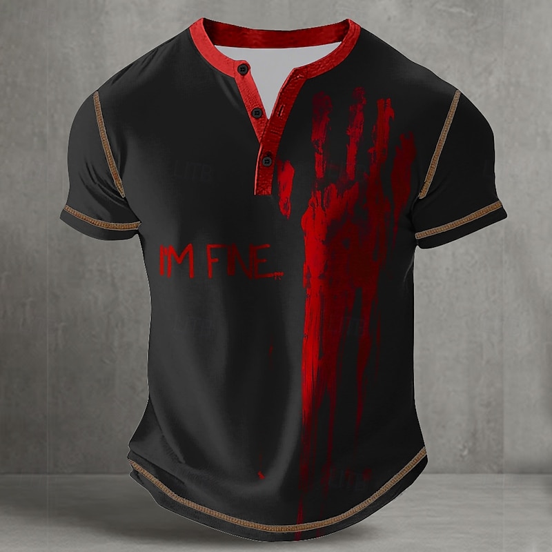 Men's Halloween Blood Splatter Funny Blood stains Henley Shirt Tee Short Sleeve Vintage Fashion Designer Outdoor Casual Daily Spring &  Fall All Seasons Black White Henley Henley T-Shirt2