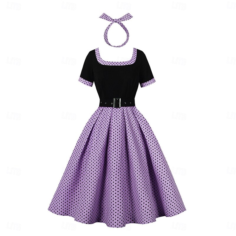 Retro Vintage 1950s Rockabilly Midi Swing Dress Flare Dress With Belt with Pockets Polka Dot Fancy Dress Women's Masquerade Vacation Casual Retro Theme Party Adults' Dress Headband Spring & Summer2