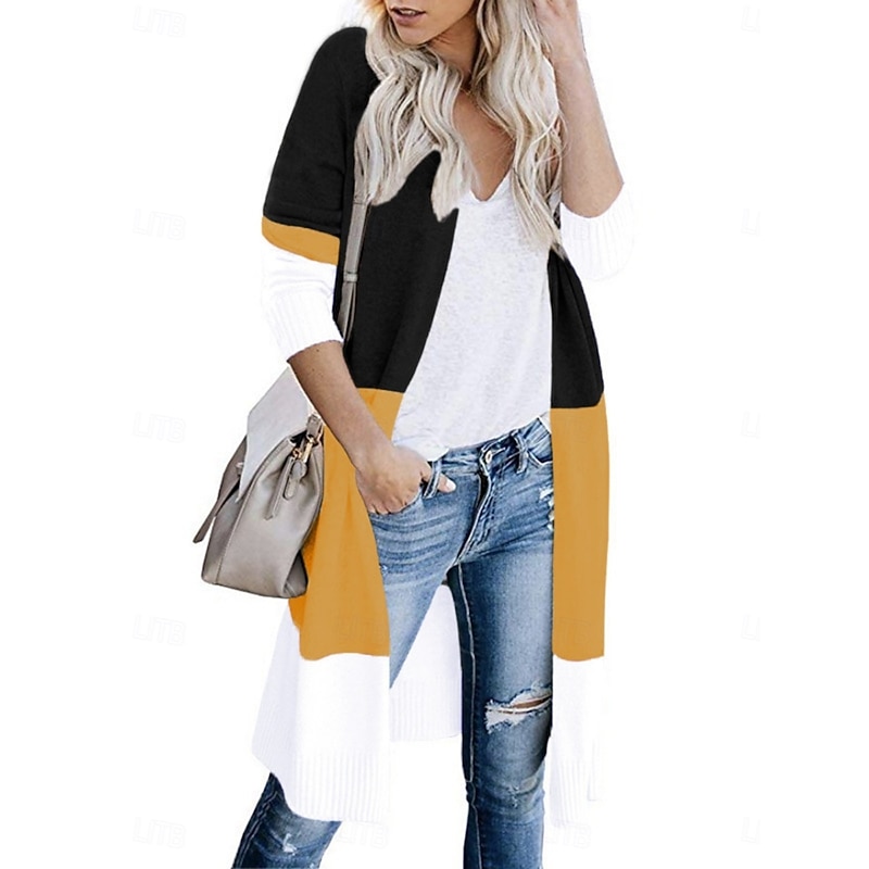 Women's Sweater Cardigan Elegant Fashion Streetwear Striped Open Front Pocket Knitted Long Sleeve Long Tops Knit Outdoor Daily Weekend Black Yellow Fall Winter