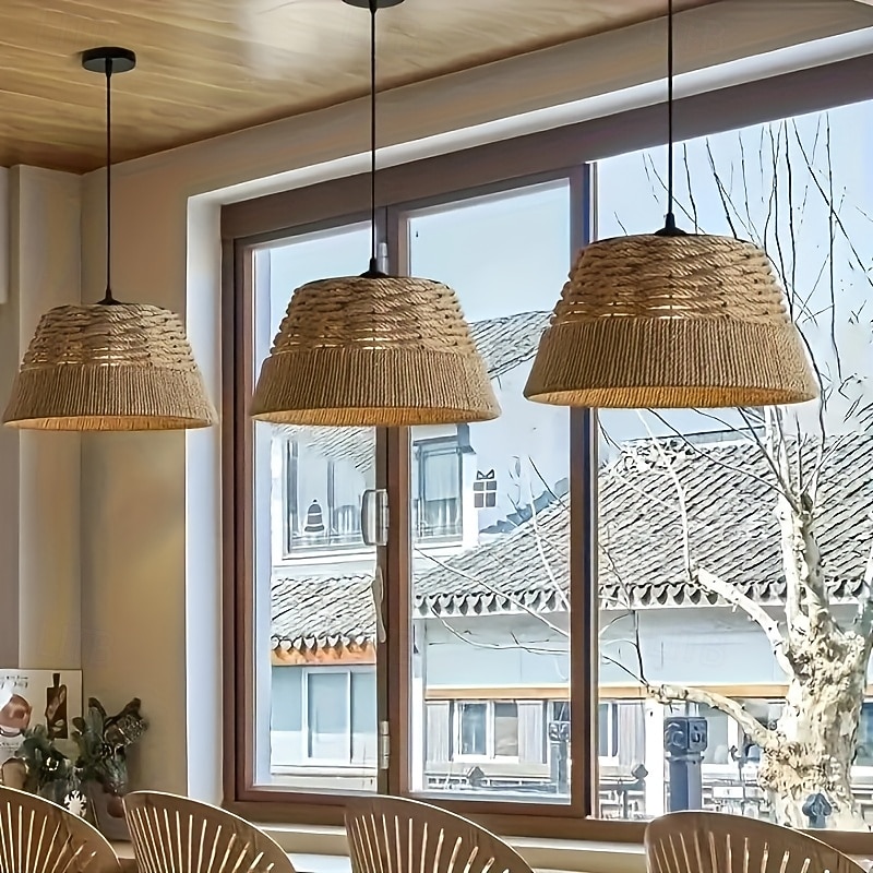 Rustic Farmhouse Hemp Rope Pendant Light, Hand-Woven Bell Tapered Design, Warm White/White Light, E26/E27, Adjustable Chain