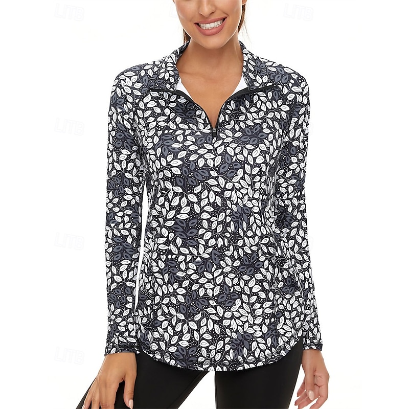 Women's Floral Golf Polo Shirt Tennis Shirt Long Sleeve Print Quarter Zip Pullover UV Protection Elastic Breathable Tennis Golf Pickleball Zip Collar Shirt Polo Pink Blue Gray Tennis Clothing