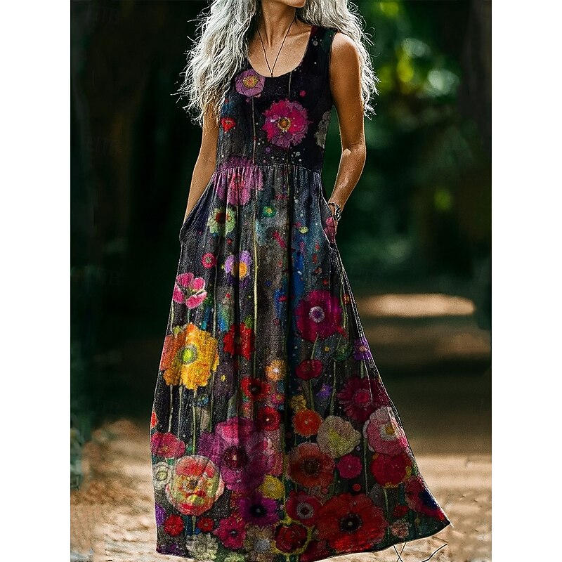 Women's Boho Floral Art Print Vintage Dress Vacation Casual Going out Beach Regular Fit Floral Graphic Sleeveless U Neck Pink Wine Light Brown Blue Summer Spring2