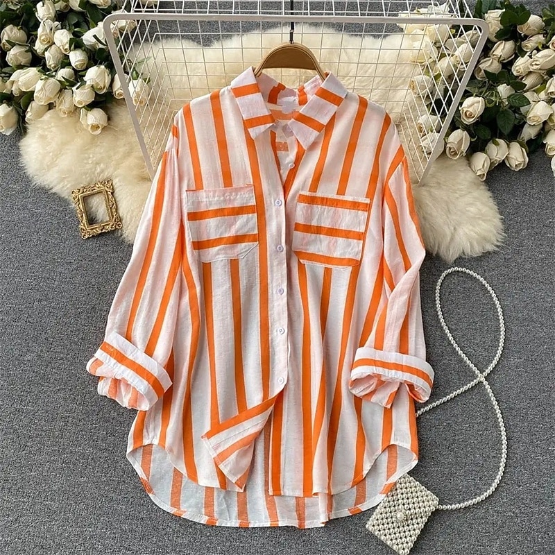 Women's Shirt Striped Daily Stylish Basic Long Sleeve Shirt Collar Regular Tops Work Daily Holiday Buttons Black Yellow Orange Spring Fall2