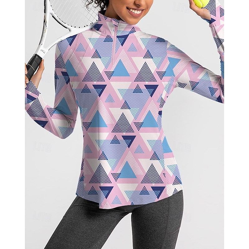 Women's Geometric Golf Polo Shirt Tennis Shirt Long Sleeve Print Quarter Zip Pullover UV Protection Elastic Breathable Tennis Golf Pickleball Zip Collar Shirt Polo Pink Blue Tennis Clothing