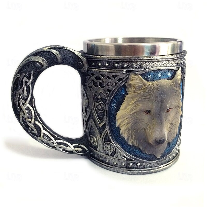 Stainless Steel Mug 3D Wolf King Design Vintage Double Wall Coffee Cup Unique Animal Head Tankard Water Mug for Men Birthday Gift Home Office Drinkware Decor3