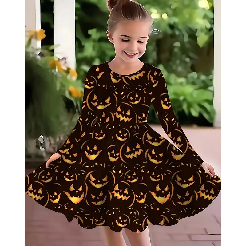 Halloween Girls' 3D Pumpkin Dress Long Sleeve Summer Spring Vacation Daily Holiday Princess Beautiful Sweet Kids 4-12 Years Casual Dress A Line Dress Knee-length Regular Fit