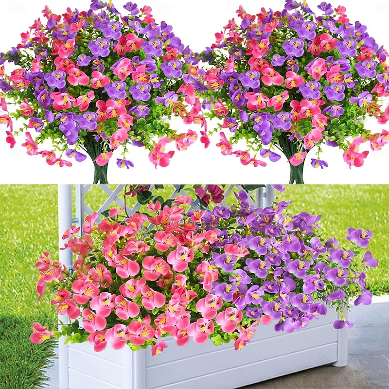 12 Bundles Outdoor Artificial Flowers Multicolor Pansy UV-Resistant Faux Panies Plants No Fade Plastic Fake Plant for Planter Porch Window Box Front Door Spring Decor - Pink Purple