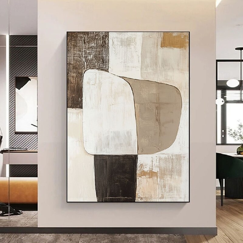 Handmade 3D Oil Painting Abstract Geometric Chair Form Minimalist Neutral Tone Painting Earthy Browns Cream Gold Block Composition Serene Artistic Decor3
