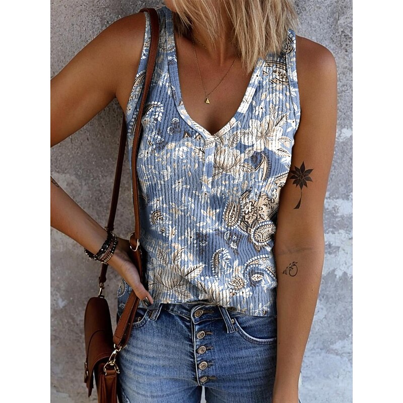 Women's Camisole Tank Top Floral Graphic Geometric Bohemia Vintage Stylish Sleeveless V Neck Regular Tops Daily Print Black Pink Blue Brown Beige Summer Spring4