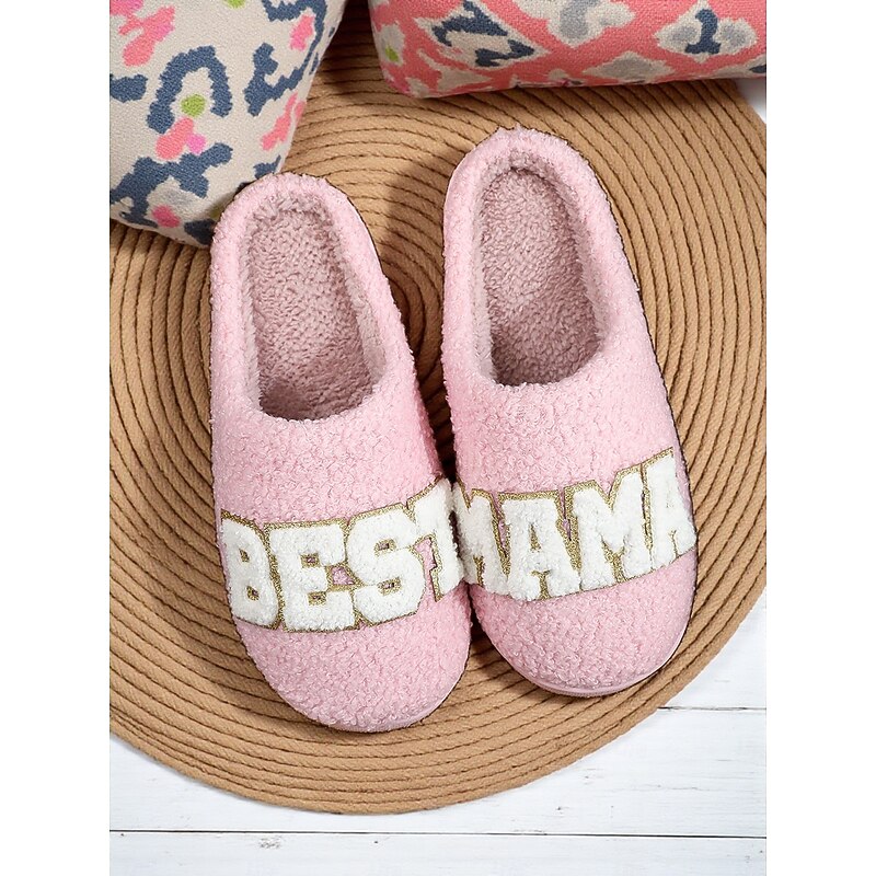Women's Pink "Best Mama" Fleece Slippers – Soft Cozy Indoor House Shoes for Moms, Gifts and Everyday Comfort2