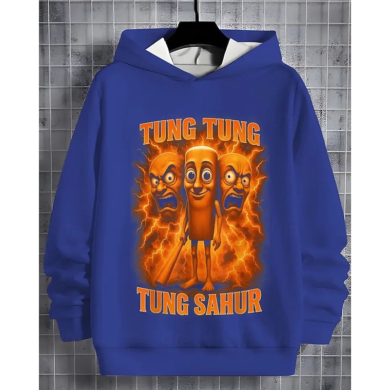 Boys' Long Sleeve Italian Brain Rot Element TUNG TUNG TUNG SAHUR Print  Hoodie Long Sleeve Spring Fall Fashion Streetwear Kids 4-12 Years Hooded Outdoor Casual Daily Regular Fit3