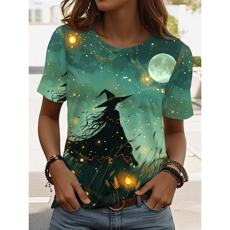 Halloween Women's T shirt Witch Graphic Vintage Stylish Classic Short Sleeve Crew Neck Round Neck Regular Tops Daily Weekend Print Black Pink Blue Sky Blue Purple Summer Spring CHICKEN4