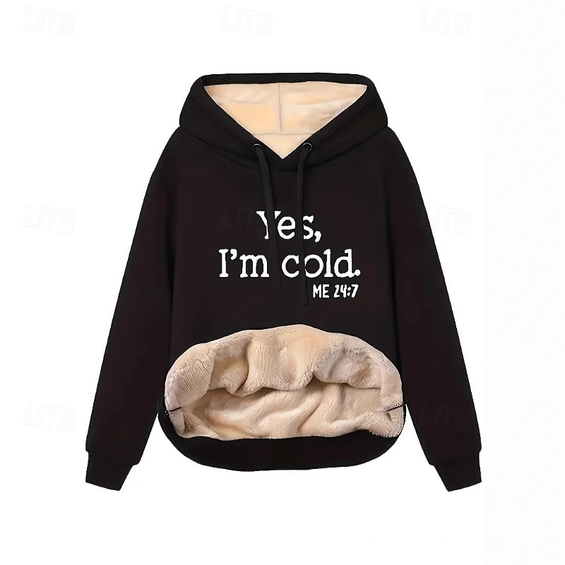 Women's Fleece Lined Pullover Sweatshirt Pajamas Pullover Hoodie Yes Im Cold Letter Streetwear Casual Long Sleeve Hooded Regular Tops Street Holiday Print Black Fall Winter2