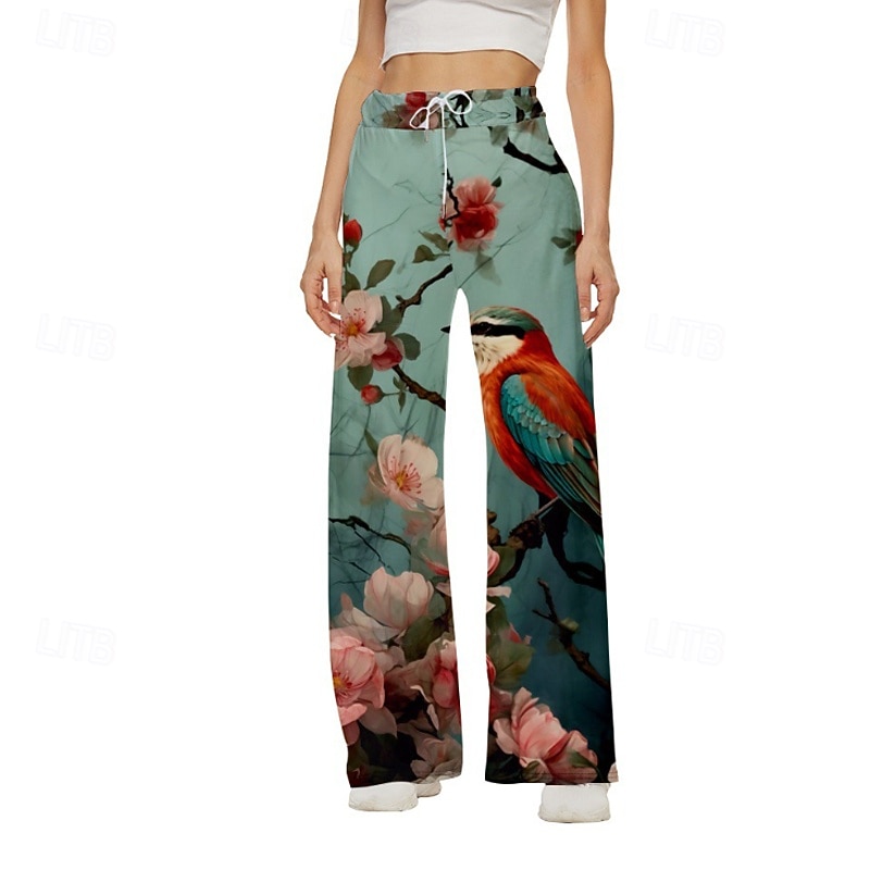 Women's Wide Leg Slacks Streetwear Casual Full Length Natural Flower Print Elastic Drawstring Design Soft Outdoor Vacation Street Green Fall Regular Fit