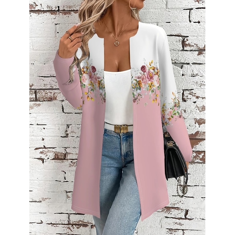 Women's Casual Jacket Comfortable Breathable Pocket Open Front Elegant Casual Boho Vintage Floral Casual Daily Wear Open Front Long Crewneck Regular Fit Long Sleeve Outerwear Pink Blue Spring Fall4