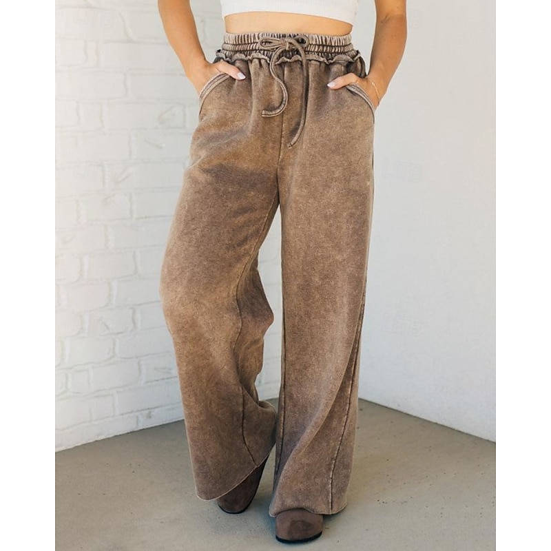 Women's Wide Leg Slacks Streetwear Casual Full Length Natural Plain Pocket Elastic Drawstring Design Soft Holiday Daily Wear Weekend Apricot Black Green Khaki Fall Regular Fit