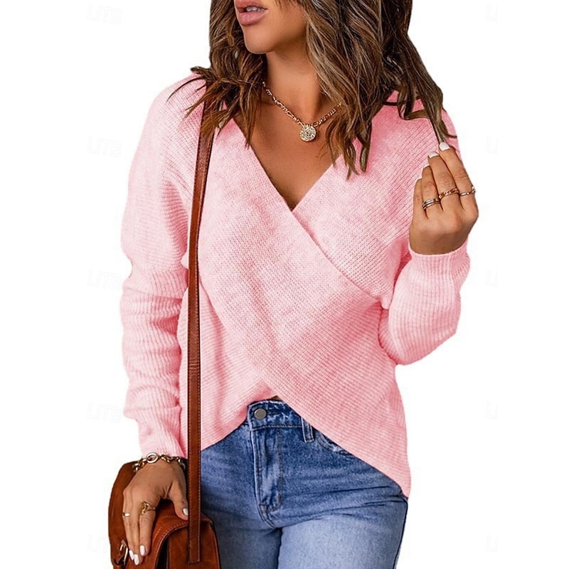 Women's Sweater Casual Soft Pure Color Ribbed V Neck Criss Cross Knitted Long Sleeve Regular Tops Knit Outdoor Daily Weekend Pink Gray Fall Winter