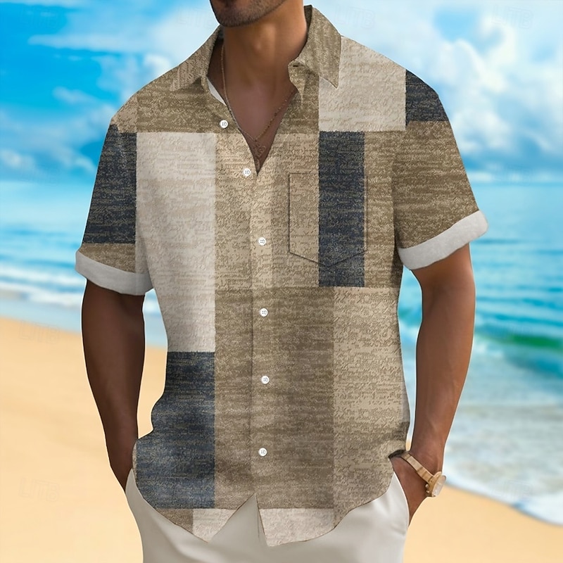 Men's Geometric Color Block Patchwork Shirt Summer Shirt Button Up Shirt Short Sleeve Fashion Casual Vacation Holiday Streetwear Summer Turndown 3D Print Front One Pocket Linen Like Shirt Black Khaki3