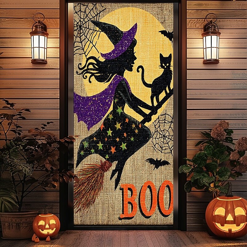 Halloween Door Cover – Flying Witch Silhouette with BOO Sign, Haunted House Entrance Banner, Scary Outdoor & Indoor Decoration for 2025 Halloween Bedroom, Living Room, Bathroom3