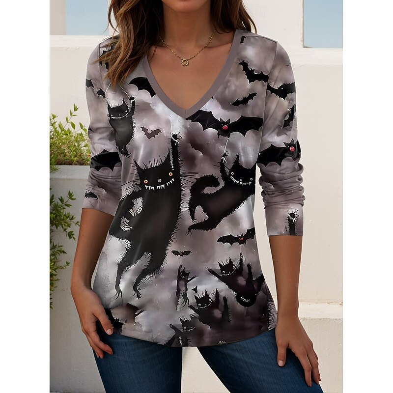 Halloween Women's T shirt Witch Long Sleeve V Neck Long Sleeve Tunic Graphic Letter Elegant Vintage Stylish Regular Tops Daily Going out Weekend Print Yellow Wine Orange Gray Spring Fall Prefall2