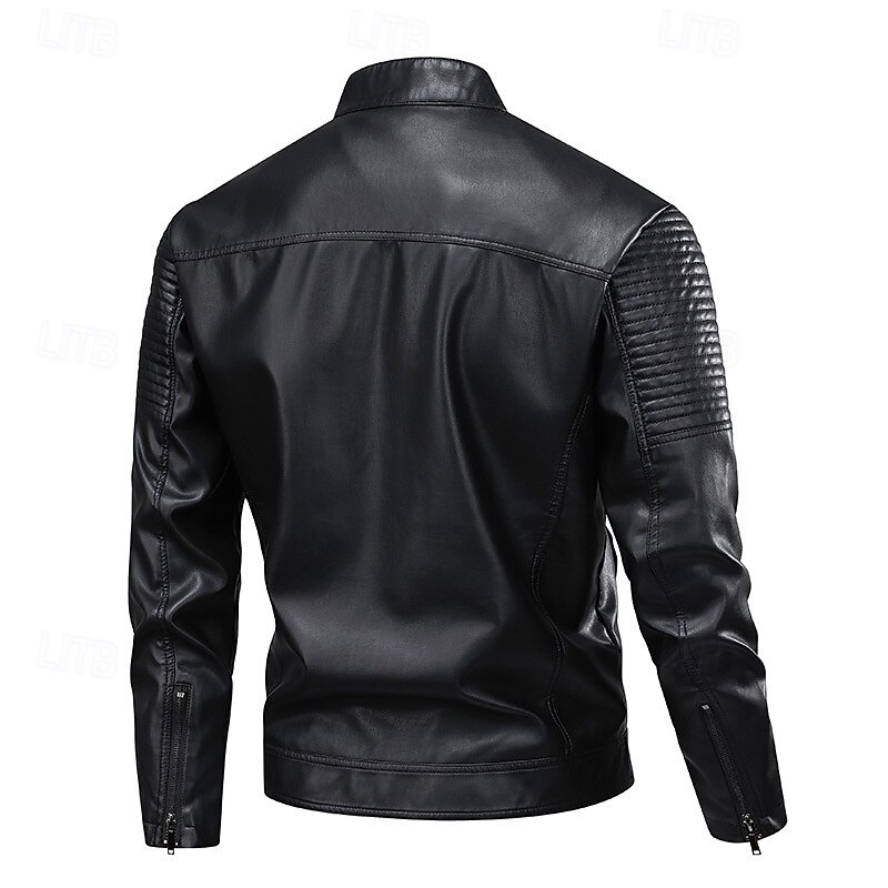 Men's Faux Leather Jacket Biker Jacket Motorcycle Jacket Vacation Daily Windproof Warm Pocket Fall Winter Plain Fashion Classic Stand Collar Regular Black Green Jacket2