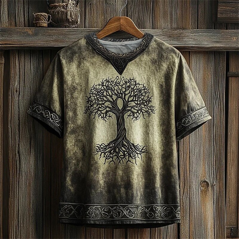 Men's T Shirt Tee Short Sleeve Shirt Tee Top Short Sleeve V Neck Summer Tribal Tree Of Life Yggdrasil Vintage Designer Basic Print Vacation Street Going out Light Green Green Top Tee for Men