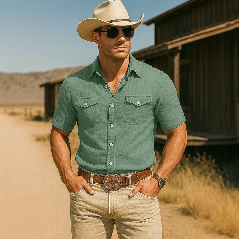 Men's Shirt Linen Shirt Summer Shirt Beach Shirt Western Shirt Solid Color Vacation Curise Green Gray Light Blue Short Sleeve Fold-over Collar Summer Spring & Summer Clothing Apparel Pocket