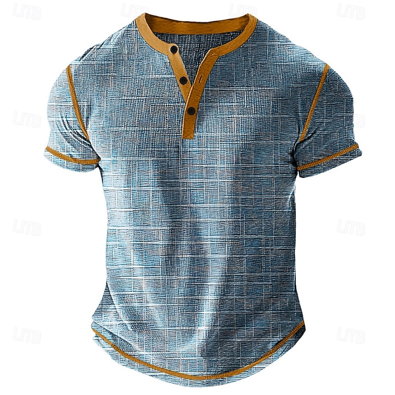 Men's Graphic Plaid Henley Shirt Waffle T Shirt Short Sleeve Daily Retro Vintage Classic Sports Outdoor Casual Holiday Spring & Summer All Seasons Blue Green Dark Grey Henley Henley T-Shirt