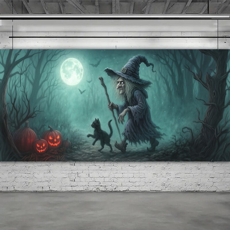 Halloween Garage Door Cover Witch Flying Under Full Moon Banner, Large Tapestry Backdrop Decoration for Holiday Outdoor Garage Door and Home Wall, 2025 Halloween Decorations3