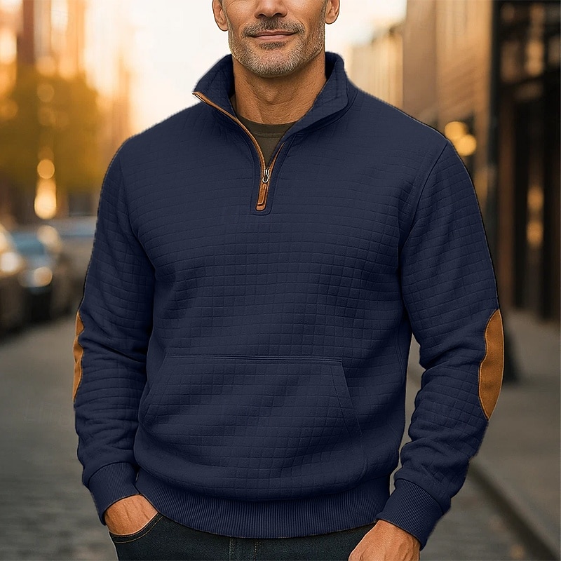 Men's Sweatshirt Waffle Sweatshirt Quarter Zip Sweatshirt Black Navy Blue Khaki Dark Gray Gray Standing Collar Plain Patchwork Textured Sports & Outdoor Casual Daily Streetwear Cool Designer Spring3