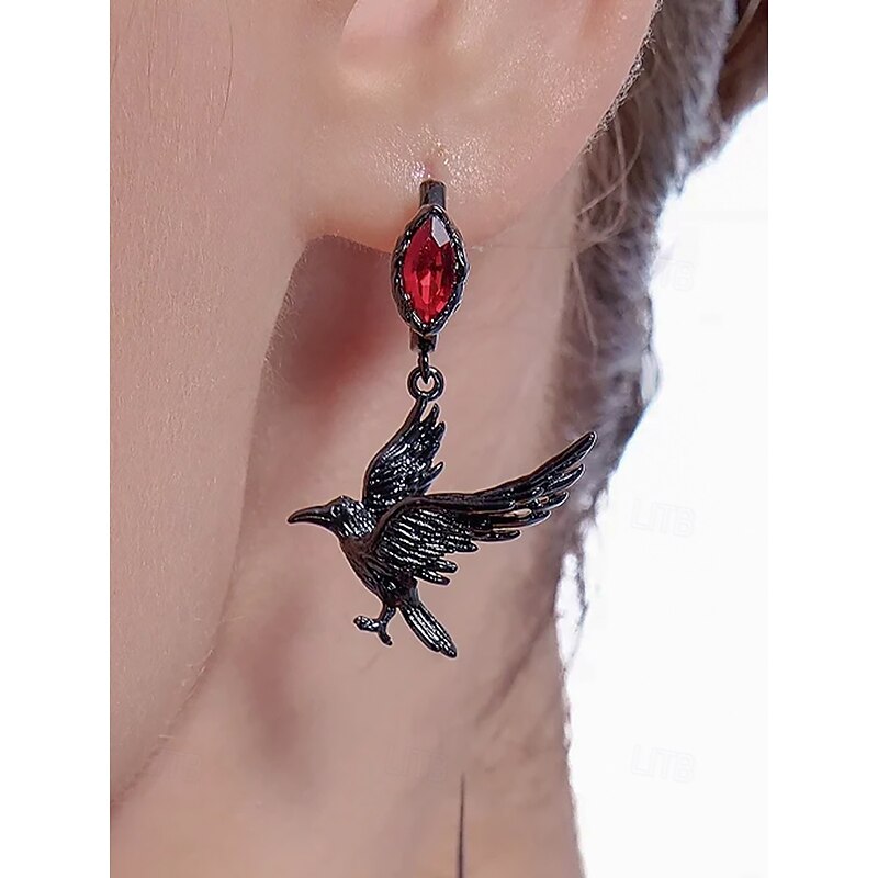 Women's Gothic Raven Drop Earrings with Red Gemstone – Alloy Lightweight Halloween Jewelry for Party, Cosplay and Costume Accessories