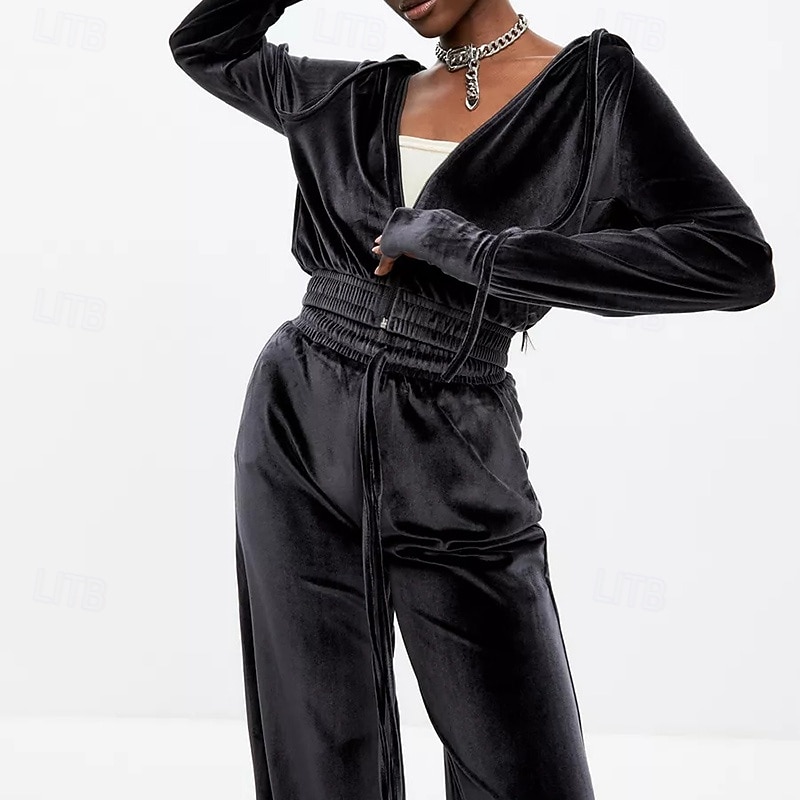 Women's Tracksuit Sweatpants Zip Up Hoodie Drawstring Pocket Solid Colored Clothing Suit Spring Black Pink Velvet Gym Training Running High Waist Windproof Moisture Wicking Long Sleeve Sport2