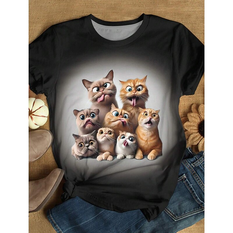 Women's T Shirt Graphic Animal Cat Vintage Stylish Classic Short Sleeve Crew Neck Round Neck Regular Tops Daily Print Black Pink Blue Green Summer Spring3