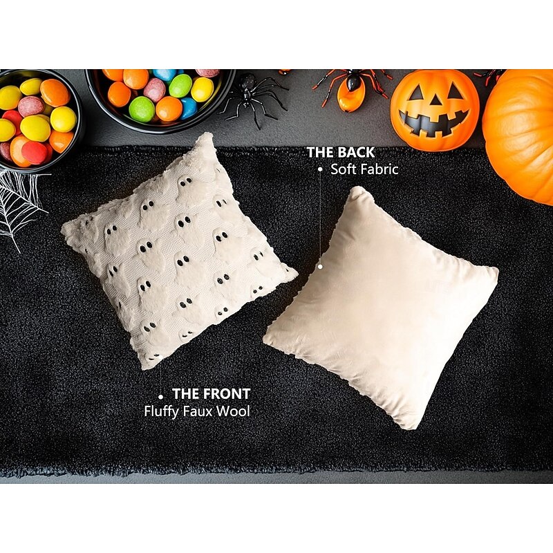 Halloween Ghost Decorative Pillow Covers 18x18 , Beige Soft Plush Faux Fur Farmhouse Throw Cushion Cases for Fall Autumn Holiday Home Decorations3