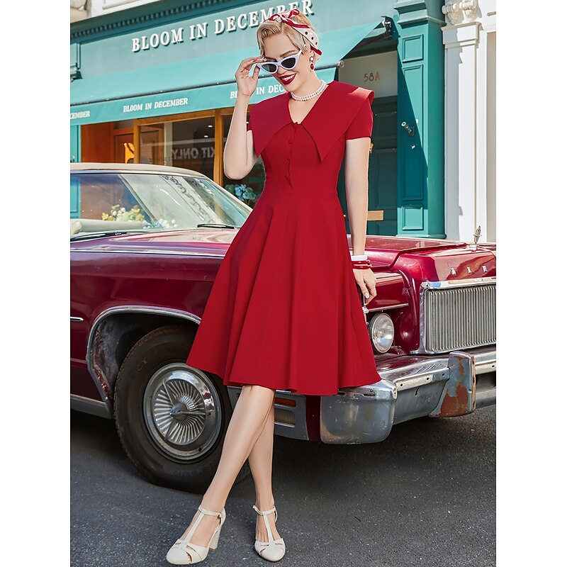 Retro Vintage 1950s Rockabilly Midi Dress A Line Dress Fit & Flare V Neck Fancy Dress Women's Halloween Carnival Valentine's Day Tea Party Retro Theme Party Adults' Dress Summer3