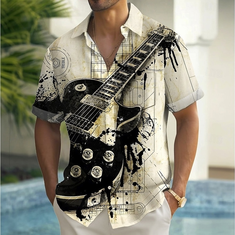 Men's Boardmasters Guitar Musical Instrument Shirt Summer Shirt Button Up Shirt Short Sleeve Vintage Retro Outdoor Vacation Dailywear Summer Spring Turndown 3D Print Collared Shirts Front One Pocket