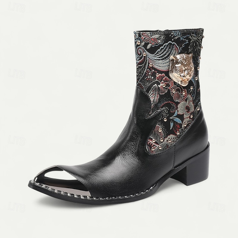 Men's Black Cowhide Western Biker Boots with Floral Embroidery and Metal Toe, Retro Cowboy Style for Motorcycle Riding, Country Events and Festival Fashion4