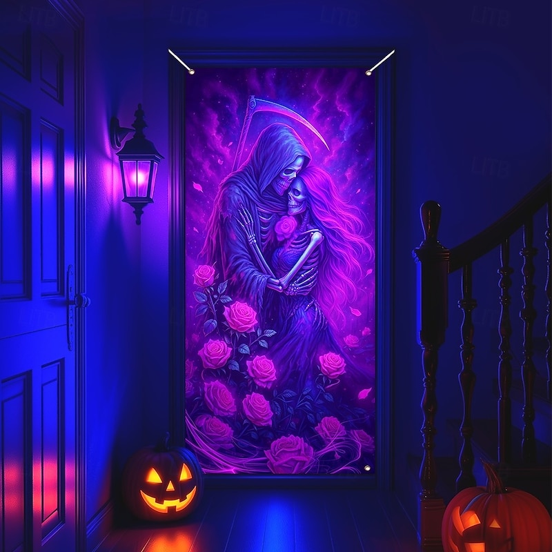 Halloween Door Cover Neon Skull Pile Banner, Glowing Blacklight Entrance Decoration for Outdoor & Indoor 2025 Halloween Bedroom, Living Room, Bathroom3