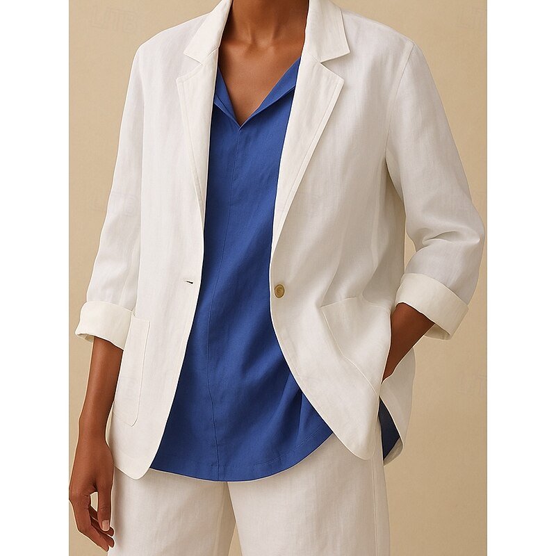 Women's Cotton Linen Blazer Comfortable Breathable Pocket Buttons Vintage Casual Plain Office Street Casual Daily Wear Single Breasted Regular Turndown Regular Fit Long Sleeve Outerwear Black