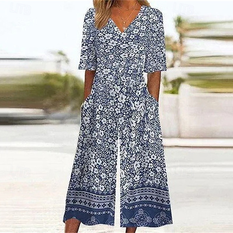 Women's Normal Jumpsuit Streetwear Floral Short Sleeve Wide Leg V Neck Pocket Print Street Daily Regular Fit Royal Blue Blue Summer4