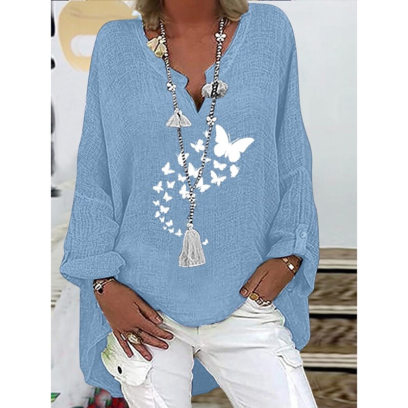 Women's Cotton Shirts Butterfly Basic Casual Long Sleeve V Neck Regular Tops Daily Print Black Navy Blue Sky Blue Summer Spring Fall3